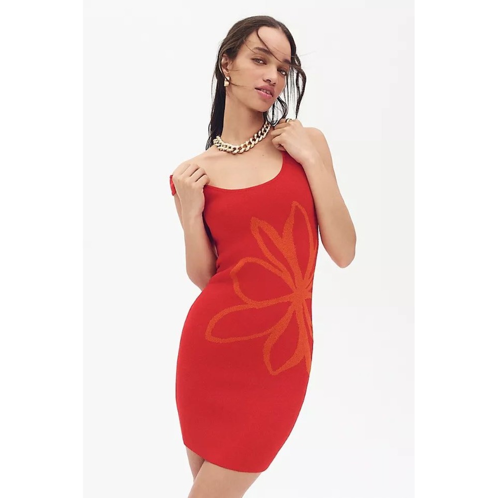 NWT Flat White‎ Knit Red Orange Floral Sleeveless Dress XL